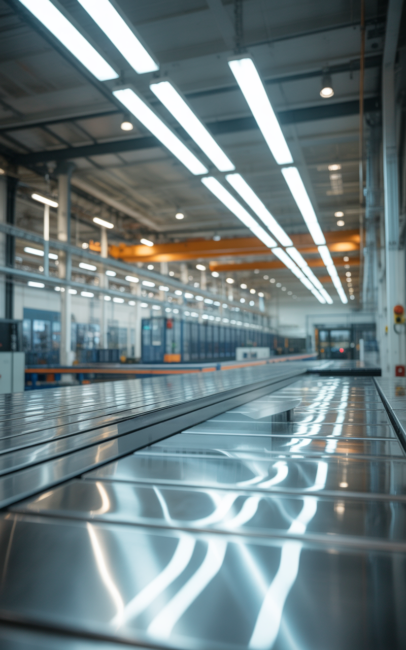 Interior de uma fábrica moderna com iluminação LED industrial, luz branca intensa refletindo sobre superfícies metálicas, ambiente limpo, organizado e eficiente, representando economia de energia, segurança e sustentabilidade.