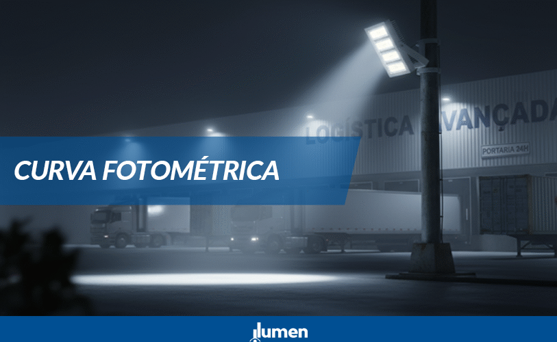 Luminária LED industrial destacando a curva fotométrica em luminárias LED com feixe de luz direcionado.