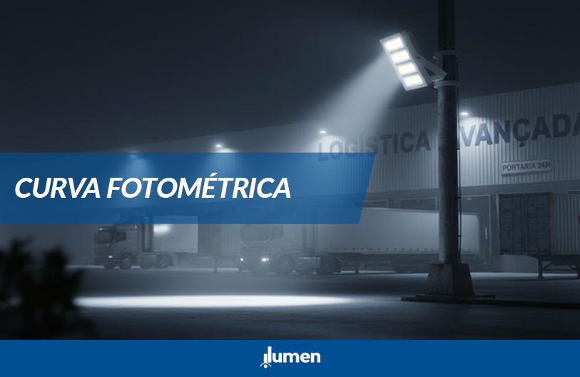 Luminária LED industrial destacando a curva fotométrica em luminárias LED com feixe de luz direcionado.