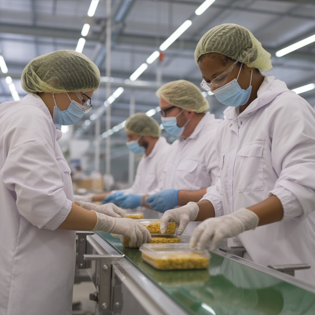 “Trabalhadores em uma linha de produção da indústria alimentícia, vestindo uniformes brancos de proteção, toucas, luvas e máscaras, manuseando produtos alimentícios em uma esteira transportadora dentro de uma instalação industrial limpa e bem iluminada com iluminação LED no teto.”