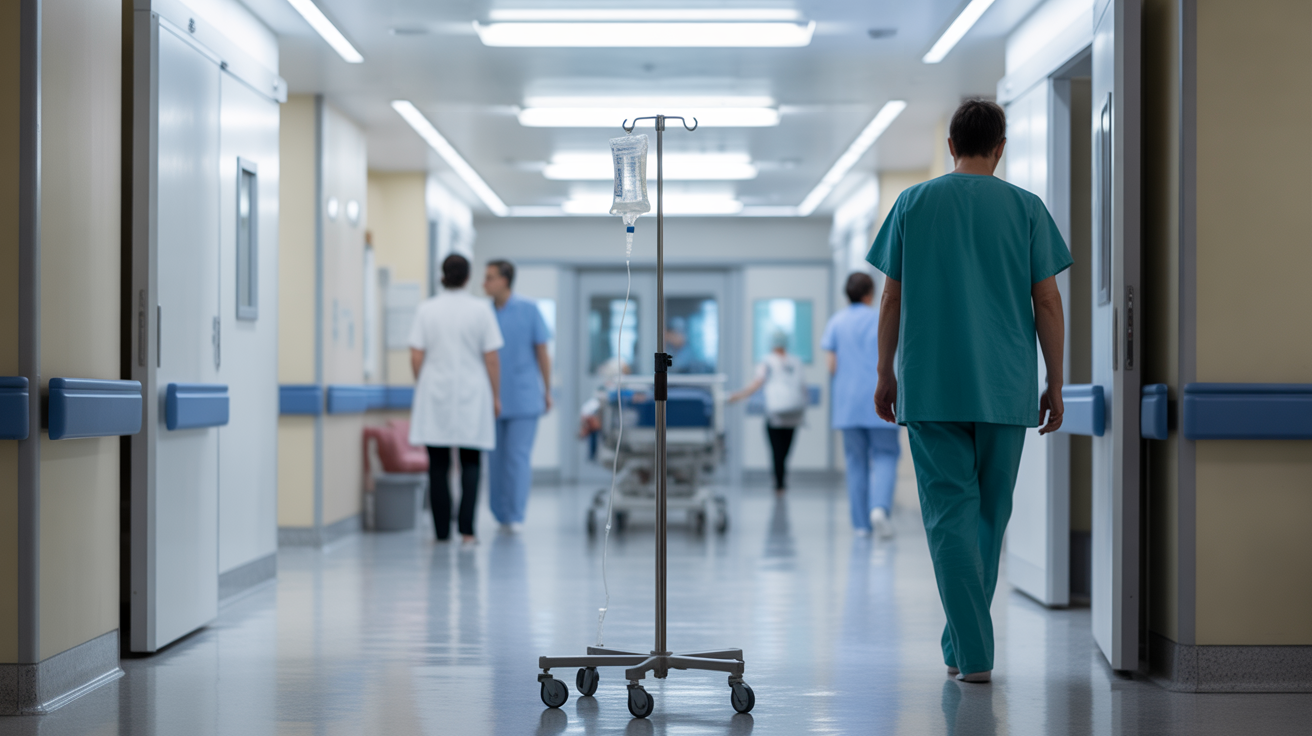 "Corredor hospitalar moderno com iluminação hermética de LED no teto, profissionais de saúde circulando e suporte de soro em destaque, representando eficiência, higiene e segurança na iluminação hospitalar."