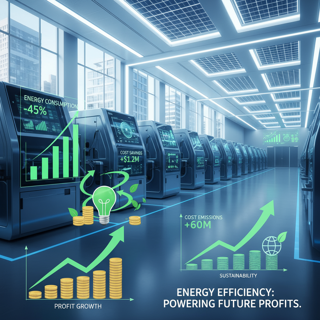 Conceito de eficiência energética em empresas e indústrias modernas. Ambiente industrial limpo, iluminado com luzes LED, painéis solares e telas digitais mostrando redução de consumo e economia de energia. Representar benefícios como redução de custos, sustentabilidade, aumento da competitividade e crescimento de lucros. Incluir elementos visuais como setas verdes, lâmpadas, moedas e gráficos ascendentes simbolizando economia e eficiência. Estilo corporativo, moderno e profissional, com tons de azul, branco e verde. Ideal para blog sobre vantagens da eficiência energética.