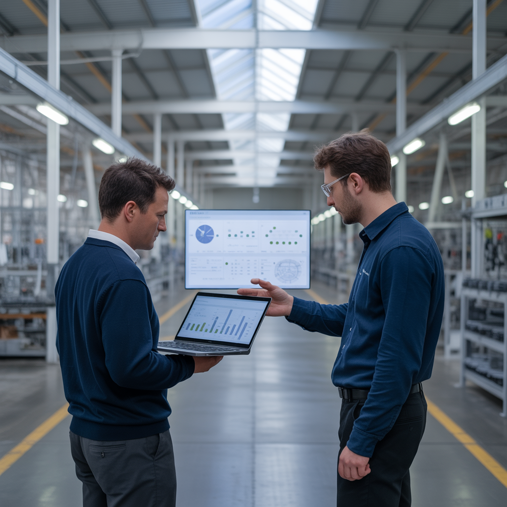 Interior moderno de fábrica ou galpão industrial com iluminação LED eficiente, conceito de eficiência energética. Ambiente limpo, organizado e bem iluminado, com painéis solares, luminárias LED e pessoas analisando dados de consumo em telas digitais. Destaque para sustentabilidade, tecnologia moderna e economia de energia. Luz natural entrando por claraboias, estruturas metálicas e elementos de design ecológico. Estilo corporativo, fotorrealista e profissional, com tons frios (azul, cinza, branco) e detalhes em verde representando sustentabilidade. Ideal para blog empresarial sobre eficiência energética e iluminação LED.