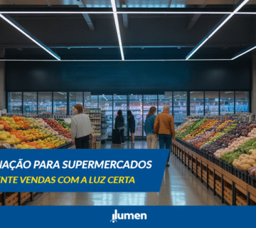 "Vista ampla de um supermercado moderno com iluminação LED linear nos corredores, destacando frutas e verduras frescas. Exemplo de projeto de iluminação para supermercados que valoriza produtos e aumenta as vendas."