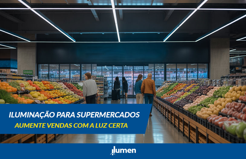 "Vista ampla de um supermercado moderno com iluminação LED linear nos corredores, destacando frutas e verduras frescas. Exemplo de projeto de iluminação para supermercados que valoriza produtos e aumenta as vendas."