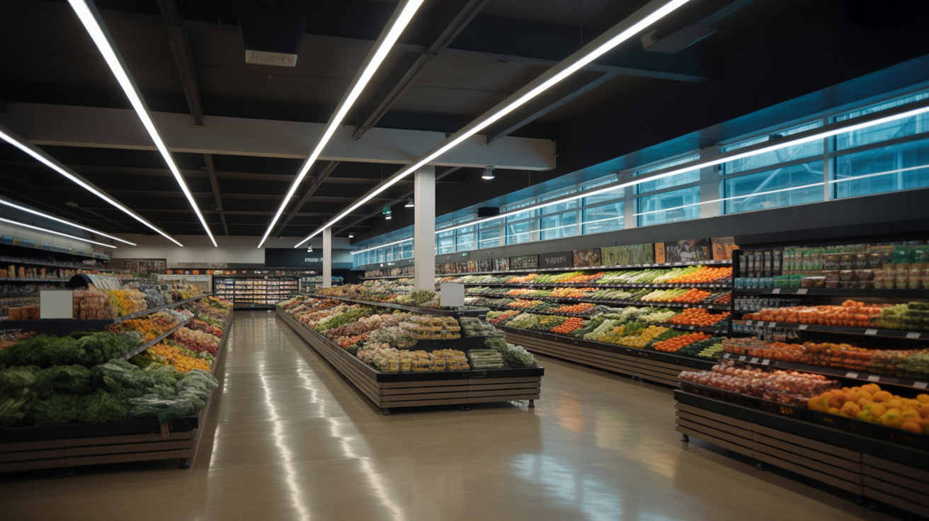 "Vista ampla de um supermercado moderno com corredores iluminados por luminárias lineares LED. A iluminação realça frutas, verduras e produtos frescos, transmitindo organização e conforto visual."