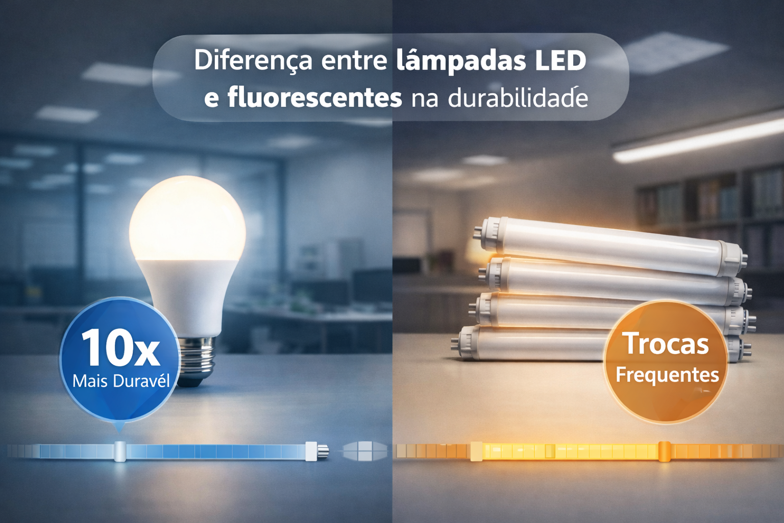 Imagem comparativa dividida ao meio mostrando a diferença de durabilidade entre lâmpadas LED e fluorescentes. À esquerda, uma lâmpada LED acesa em fundo de escritório, com selo azul escrito “10x Mais Durável”. À direita, várias lâmpadas fluorescentes tubulares empilhadas sobre uma mesa, com selo laranja escrito “Trocas Frequentes”. No topo, texto: “Diferença entre lâmpadas LED e fluorescentes na durabilidade”. Na parte inferior, barras ilustrativas reforçam a comparação entre maior vida útil do LED e menor durabilidade das fluorescentes.