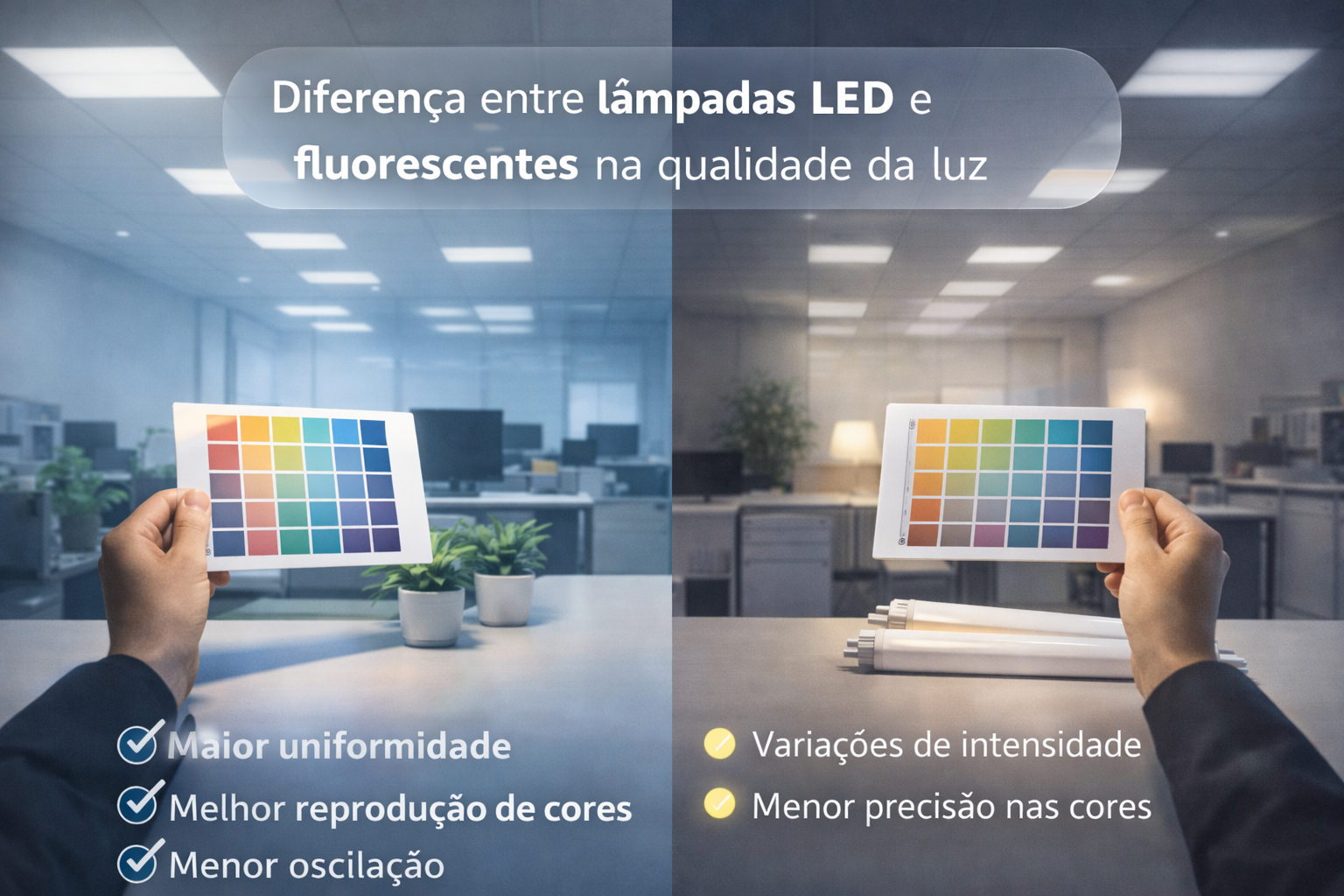 Imagem comparativa dividida ao meio mostrando a diferença entre lâmpadas LED e fluorescentes na qualidade da luz. À esquerda, ambiente de escritório iluminado de forma mais uniforme, com uma mão segurando uma cartela de cores vibrantes. Texto indica: “Maior uniformidade”, “Melhor reprodução de cores” e “Menor oscilação”. À direita, outro ambiente de escritório com iluminação mais irregular, onde uma mão segura a mesma cartela de cores, porém com aparência menos precisa. Texto destaca: “Variações de intensidade” e “Menor precisão nas cores”. No topo da imagem, lê-se: “Diferença entre lâmpadas LED e fluorescentes na qualidade da luz”.