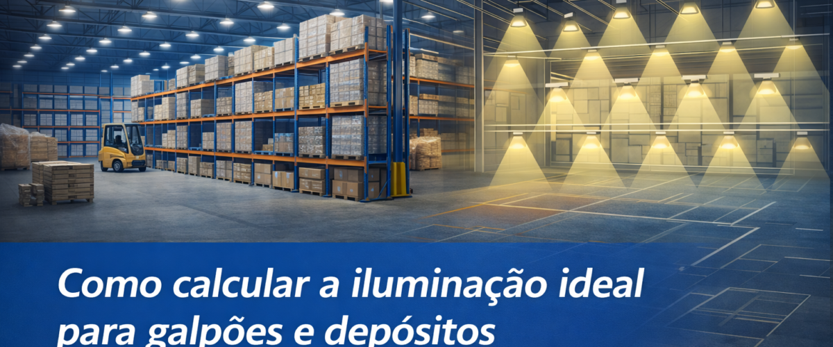 Imagem promocional sobre iluminação industrial em galpões e depósitos. O cenário mostra um grande armazém logístico com prateleiras altas cheias de caixas e um empilhadeira amarela no corredor. No teto, diversas luminárias iluminam o espaço. À direita, um esquema ilustrativo destaca várias luminárias suspensas projetando feixes de luz sobre o ambiente, representando o planejamento da iluminação. Na parte inferior da imagem, há um banner azul com o texto: “Como calcular a iluminação ideal para galpões e depósitos”. Abaixo, aparece a frase: “Garanta mais segurança, produtividade e eficiência energética”. No canto inferior direito está o logotipo ilumen.