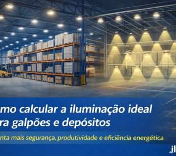 Imagem promocional sobre iluminação industrial em galpões e depósitos. O cenário mostra um grande armazém logístico com prateleiras altas cheias de caixas e um empilhadeira amarela no corredor. No teto, diversas luminárias iluminam o espaço. À direita, um esquema ilustrativo destaca várias luminárias suspensas projetando feixes de luz sobre o ambiente, representando o planejamento da iluminação. Na parte inferior da imagem, há um banner azul com o texto: “Como calcular a iluminação ideal para galpões e depósitos”. Abaixo, aparece a frase: “Garanta mais segurança, produtividade e eficiência energética”. No canto inferior direito está o logotipo ilumen.