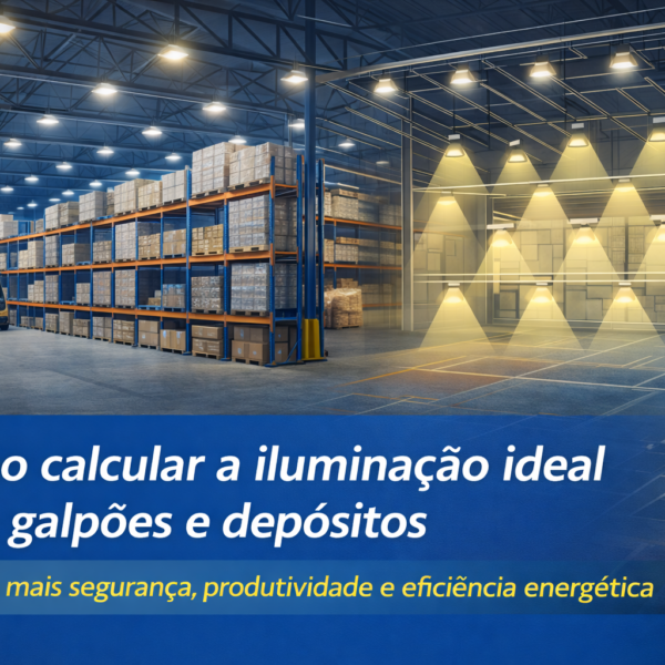 Imagem promocional sobre iluminação industrial em galpões e depósitos. O cenário mostra um grande armazém logístico com prateleiras altas cheias de caixas e um empilhadeira amarela no corredor. No teto, diversas luminárias iluminam o espaço. À direita, um esquema ilustrativo destaca várias luminárias suspensas projetando feixes de luz sobre o ambiente, representando o planejamento da iluminação. Na parte inferior da imagem, há um banner azul com o texto: “Como calcular a iluminação ideal para galpões e depósitos”. Abaixo, aparece a frase: “Garanta mais segurança, produtividade e eficiência energética”. No canto inferior direito está o logotipo ilumen.