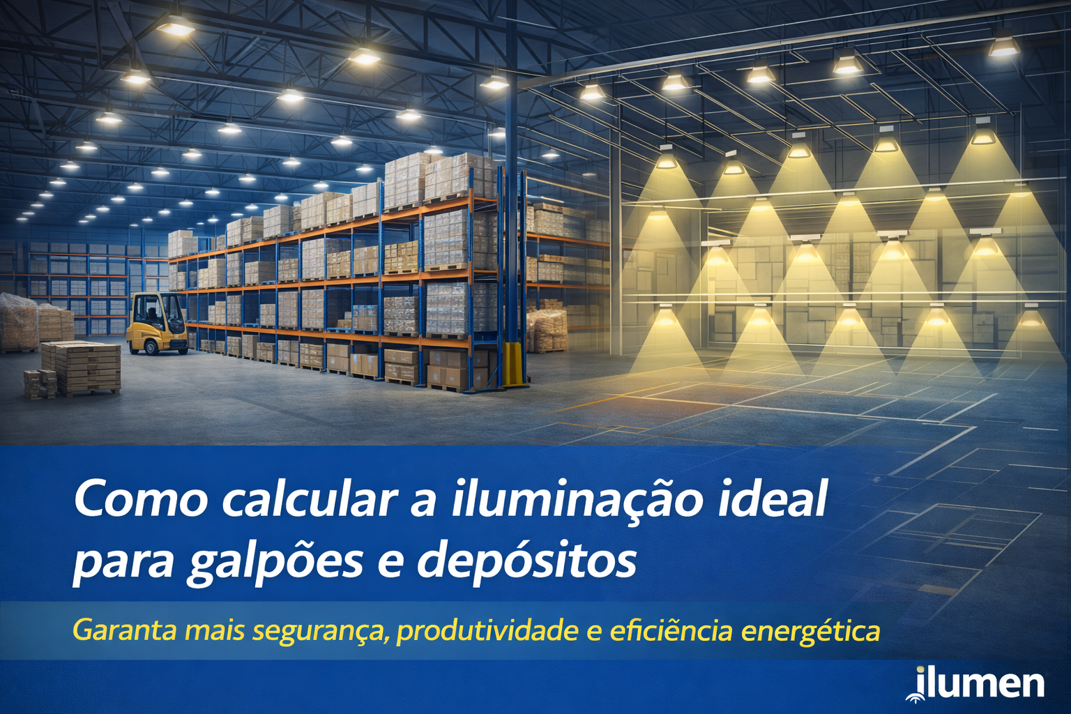 Imagem promocional sobre iluminação industrial em galpões e depósitos. O cenário mostra um grande armazém logístico com prateleiras altas cheias de caixas e um empilhadeira amarela no corredor. No teto, diversas luminárias iluminam o espaço. À direita, um esquema ilustrativo destaca várias luminárias suspensas projetando feixes de luz sobre o ambiente, representando o planejamento da iluminação. Na parte inferior da imagem, há um banner azul com o texto: “Como calcular a iluminação ideal para galpões e depósitos”. Abaixo, aparece a frase: “Garanta mais segurança, produtividade e eficiência energética”. No canto inferior direito está o logotipo ilumen.