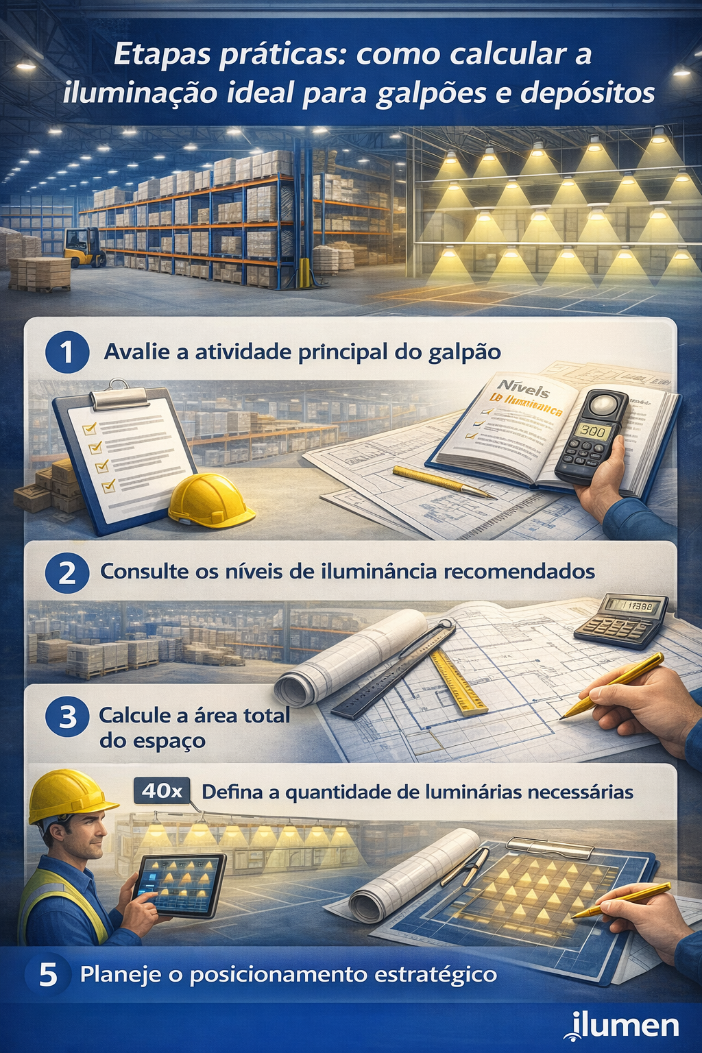 Infográfico sobre etapas práticas para calcular a iluminação ideal em galpões e depósitos.

No topo, há um banner azul com o título: “Etapas práticas: como calcular a iluminação ideal para galpões e depósitos”, sobre um cenário de armazém logístico com prateleiras altas, caixas armazenadas, empilhadeira e um esquema ilustrativo de luminárias projetando feixes de luz.

A imagem apresenta cinco etapas ilustradas:

Avalie a atividade principal do galpão – representado por um checklist, capacete de segurança e um manual com medidor de iluminância.

Consulte os níveis de iluminância recomendados – mostrado com plantas técnicas e instrumentos de medição.

Calcule a área total do espaço – ilustrado por um projeto técnico com régua, trena e cálculos.

Defina a quantidade de luminárias necessárias – indicado por um técnico analisando um tablet com simulação de luminárias (com destaque “40x”).

Planeje o posicionamento estratégico – representado por um projeto com a distribuição das luminárias no espaço.