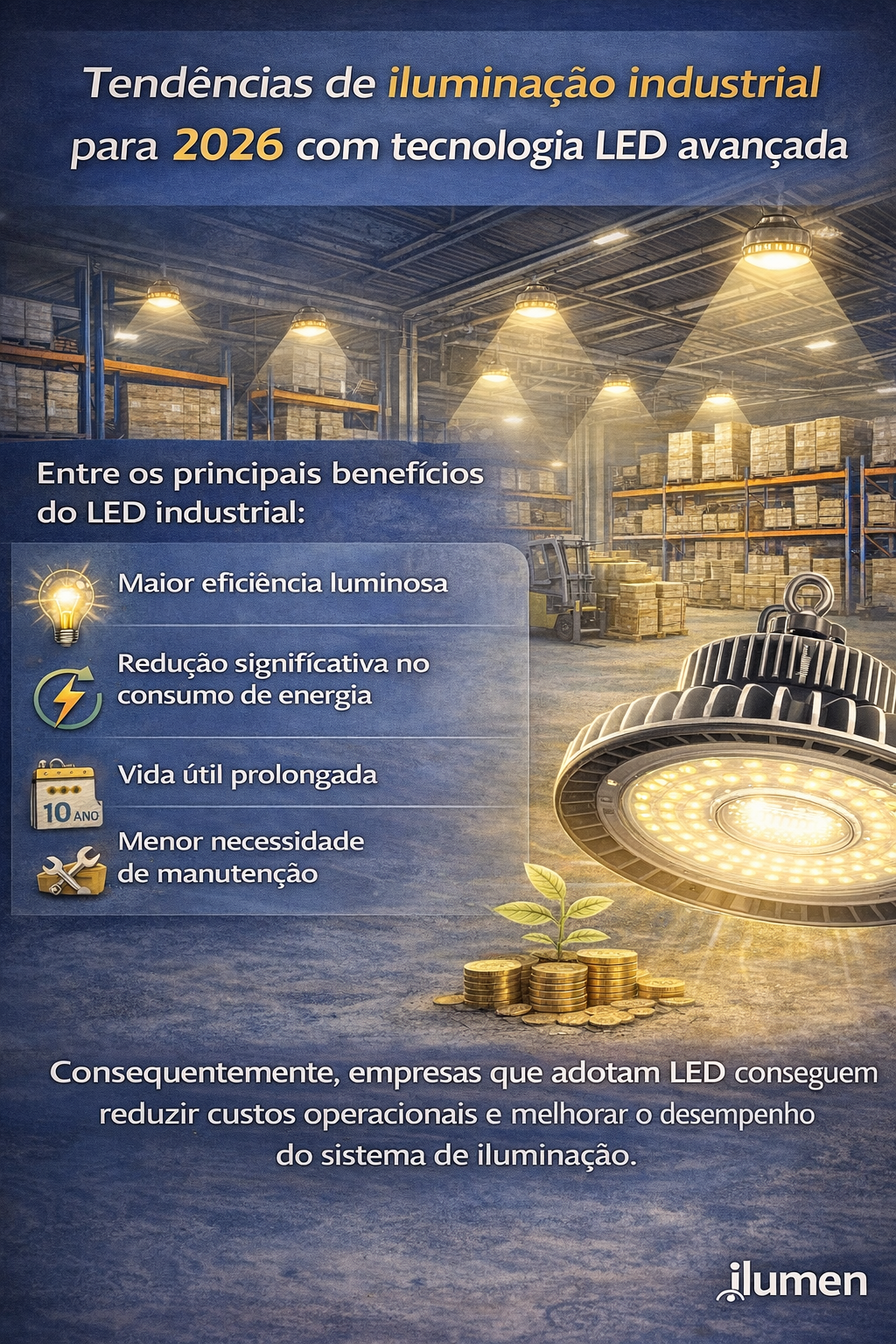 Infográfico sobre tendências de iluminação industrial para 2026 com tecnologia LED avançada. A imagem mostra o interior de um grande galpão logístico com prateleiras altas cheias de caixas e luminárias industriais suspensas iluminando o ambiente. Em primeiro plano aparece uma luminária LED industrial de alta potência, além de moedas e uma pequena planta simbolizando economia e sustentabilidade.

No topo, lê-se: “Tendências de iluminação industrial para 2026 com tecnologia LED avançada”.

No centro da imagem há uma lista com os principais benefícios do LED industrial:

Maior eficiência luminosa

Redução significativa no consumo de energia

Vida útil prolongada

Menor necessidade de manutenção

Na parte inferior aparece a mensagem:
“Consequentemente, empresas que adotam LED conseguem reduzir custos operacionais e melhorar o desempenho do sistema de iluminação.”

No canto inferior direito está o logotipo ilumen.