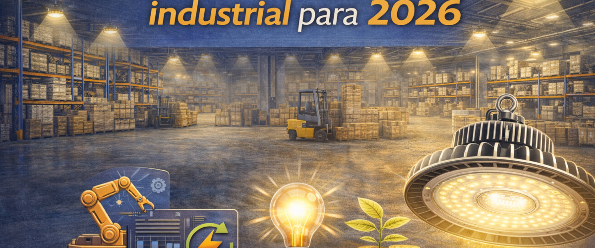 Infográfico sobre tendências de iluminação industrial para 2026. A imagem mostra o interior de um grande galpão logístico com prateleiras altas repletas de caixas, empilhadeira no centro e várias luminárias industriais suspensas iluminando o espaço. No topo aparece o título: “Tendências de iluminação industrial para 2026”. Na parte inferior da imagem há elementos ilustrativos relacionados à modernização da iluminação industrial: um braço robótico com painel digital representando automação e tecnologia, um ícone de energia, uma lâmpada acesa simbolizando eficiência luminosa, moedas com uma pequena planta representando economia e sustentabilidade, e uma luminária LED industrial de alta potência em destaque.