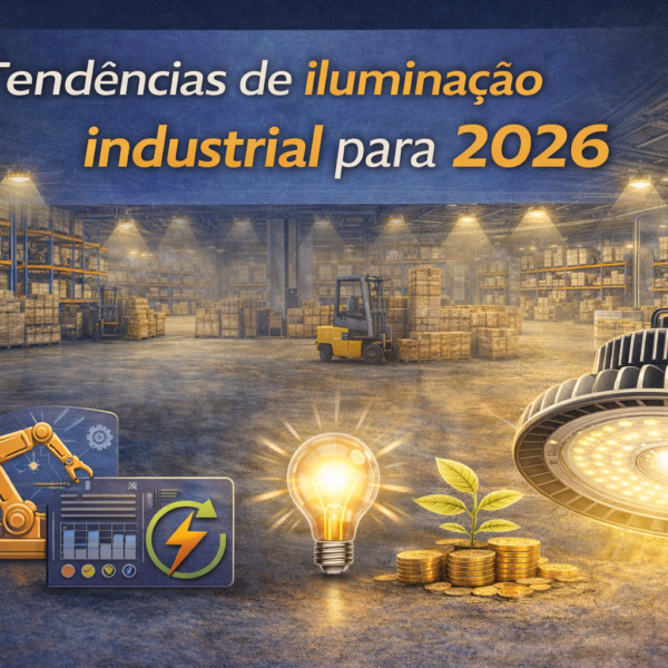Infográfico sobre tendências de iluminação industrial para 2026. A imagem mostra o interior de um grande galpão logístico com prateleiras altas repletas de caixas, empilhadeira no centro e várias luminárias industriais suspensas iluminando o espaço. No topo aparece o título: “Tendências de iluminação industrial para 2026”. Na parte inferior da imagem há elementos ilustrativos relacionados à modernização da iluminação industrial: um braço robótico com painel digital representando automação e tecnologia, um ícone de energia, uma lâmpada acesa simbolizando eficiência luminosa, moedas com uma pequena planta representando economia e sustentabilidade, e uma luminária LED industrial de alta potência em destaque.