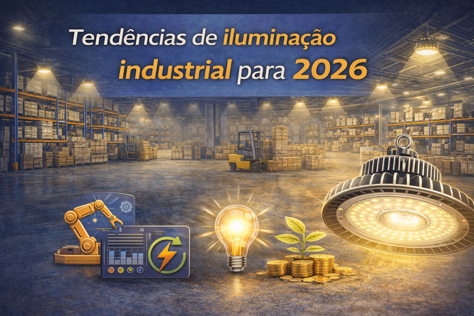 Infográfico sobre tendências de iluminação industrial para 2026. A imagem mostra o interior de um grande galpão logístico com prateleiras altas repletas de caixas, empilhadeira no centro e várias luminárias industriais suspensas iluminando o espaço. No topo aparece o título: “Tendências de iluminação industrial para 2026”. Na parte inferior da imagem há elementos ilustrativos relacionados à modernização da iluminação industrial: um braço robótico com painel digital representando automação e tecnologia, um ícone de energia, uma lâmpada acesa simbolizando eficiência luminosa, moedas com uma pequena planta representando economia e sustentabilidade, e uma luminária LED industrial de alta potência em destaque.