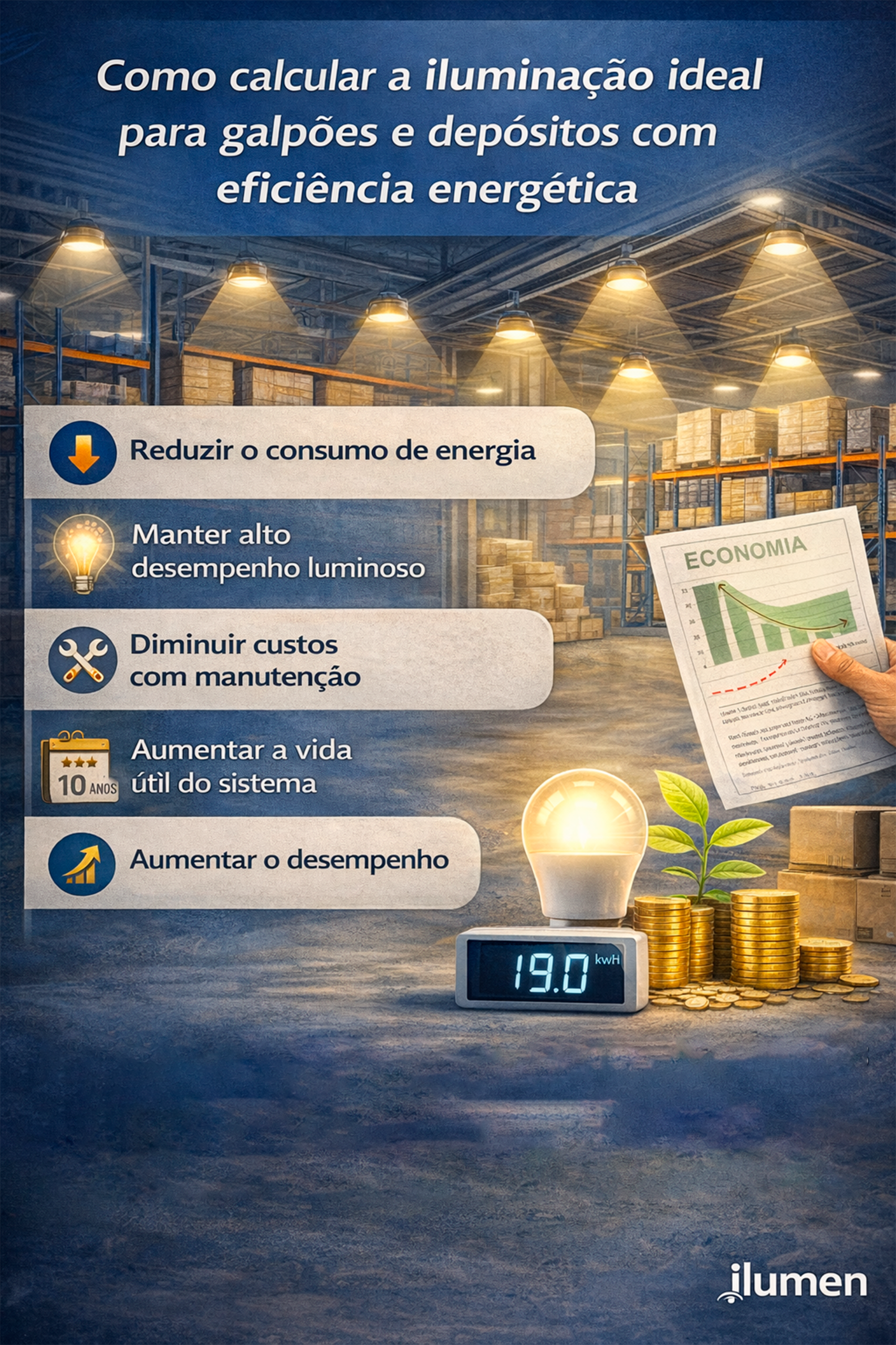 Infográfico sobre como calcular a iluminação ideal para galpões e depósitos com eficiência energética. O cenário mostra um grande armazém industrial com prateleiras altas cheias de caixas e luminárias suspensas iluminando o espaço.

No topo, aparece o título: “Como calcular a iluminação ideal para galpões e depósitos com eficiência energética”.

À esquerda, uma lista de benefícios do planejamento correto da iluminação:

Reduzir o consumo de energia

Manter alto desempenho luminoso

Diminuir custos com manutenção

Aumentar a vida útil do sistema

Aumentar o desempenho

À direita, há elementos visuais relacionados à economia e eficiência energética, como uma lâmpada LED acesa sobre um medidor digital marcando 19.0 kWh, pilhas de moedas, uma pequena planta simbolizando sustentabilidade e um gráfico de economia em um documento.

No canto inferior direito está o logotipo ilumen.