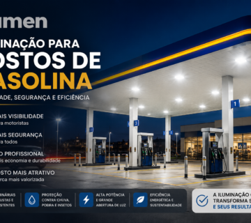 Imagem corporativa da Ilumen mostrando iluminação profissional para postos de gasolina durante a noite. O card apresenta um posto moderno com marquise iluminada em LED, pista de abastecimento, estacionamento e loja de conveniência bem iluminados. Ao lado, infográfico destaca benefícios das luminárias LED, como excelente fluxo luminoso, estrutura reforçada, alta durabilidade e eficiência energética, reforçando segurança, economia e presença visual para o estabelecimento.
