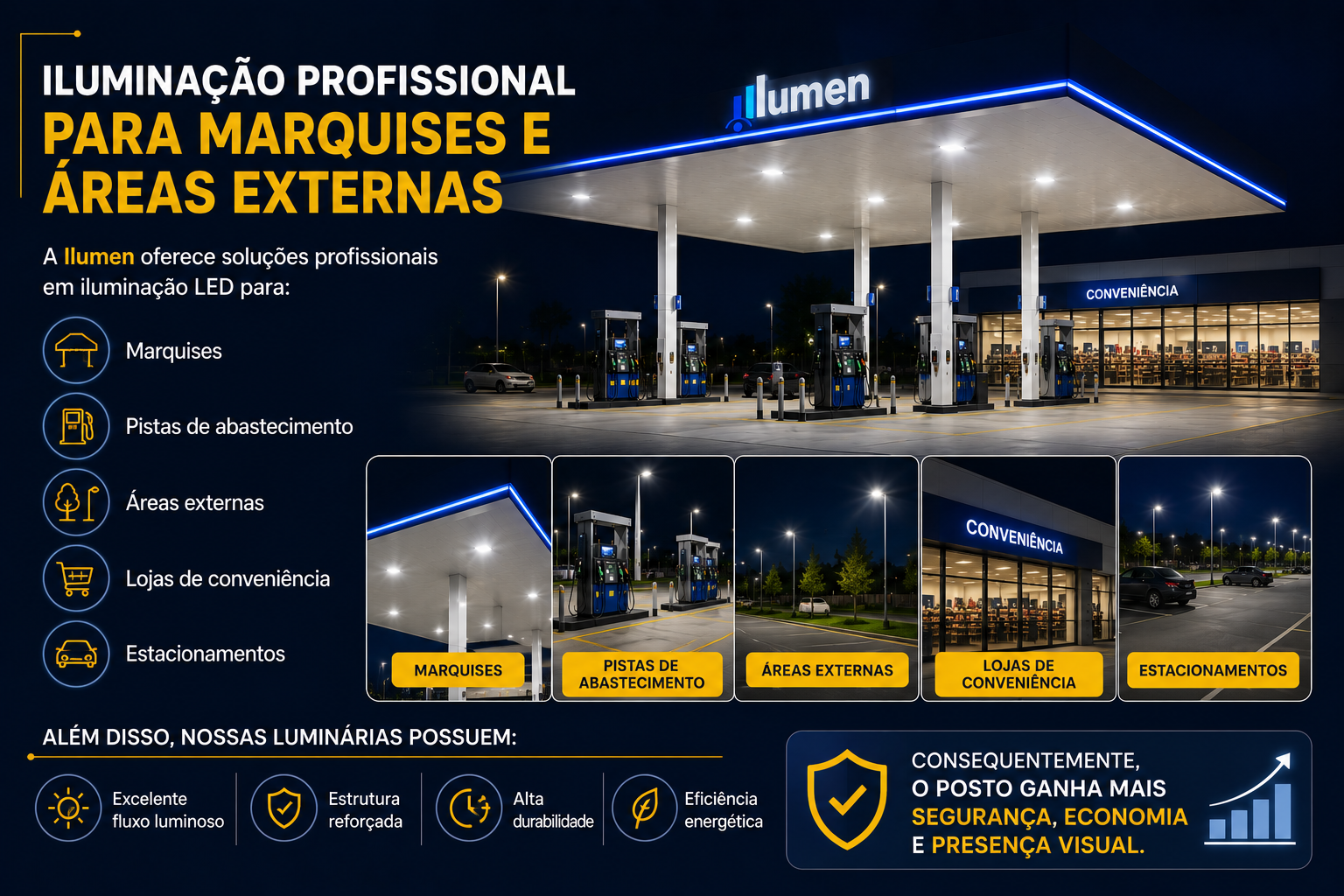 Imagem promocional da Ilumen mostrando iluminação profissional para marquises e áreas externas de postos de gasolina. A arte apresenta um posto moderno iluminado durante a noite, com destaque para áreas de abastecimento, estacionamento e loja de conveniência. Ao lado, infográfico destaca benefícios das luminárias LED, como excelente fluxo luminoso, estrutura reforçada, alta durabilidade e eficiência energética, reforçando segurança, economia e presença visual do estabelecimento.