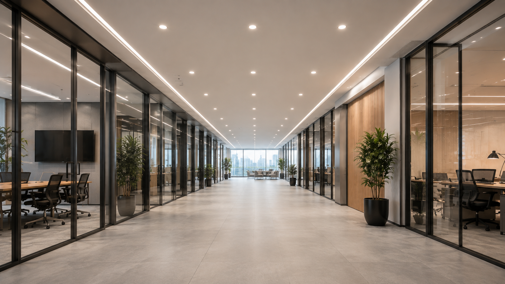 Corredor comercial com iluminação LED uniforme em área interna.
