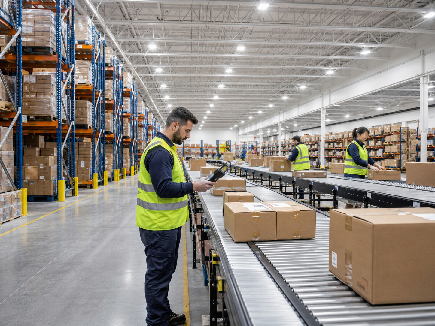 Iluminação para galpão logístico com luminárias LED, porta-paletes, pallets e empilhadeira em operação
