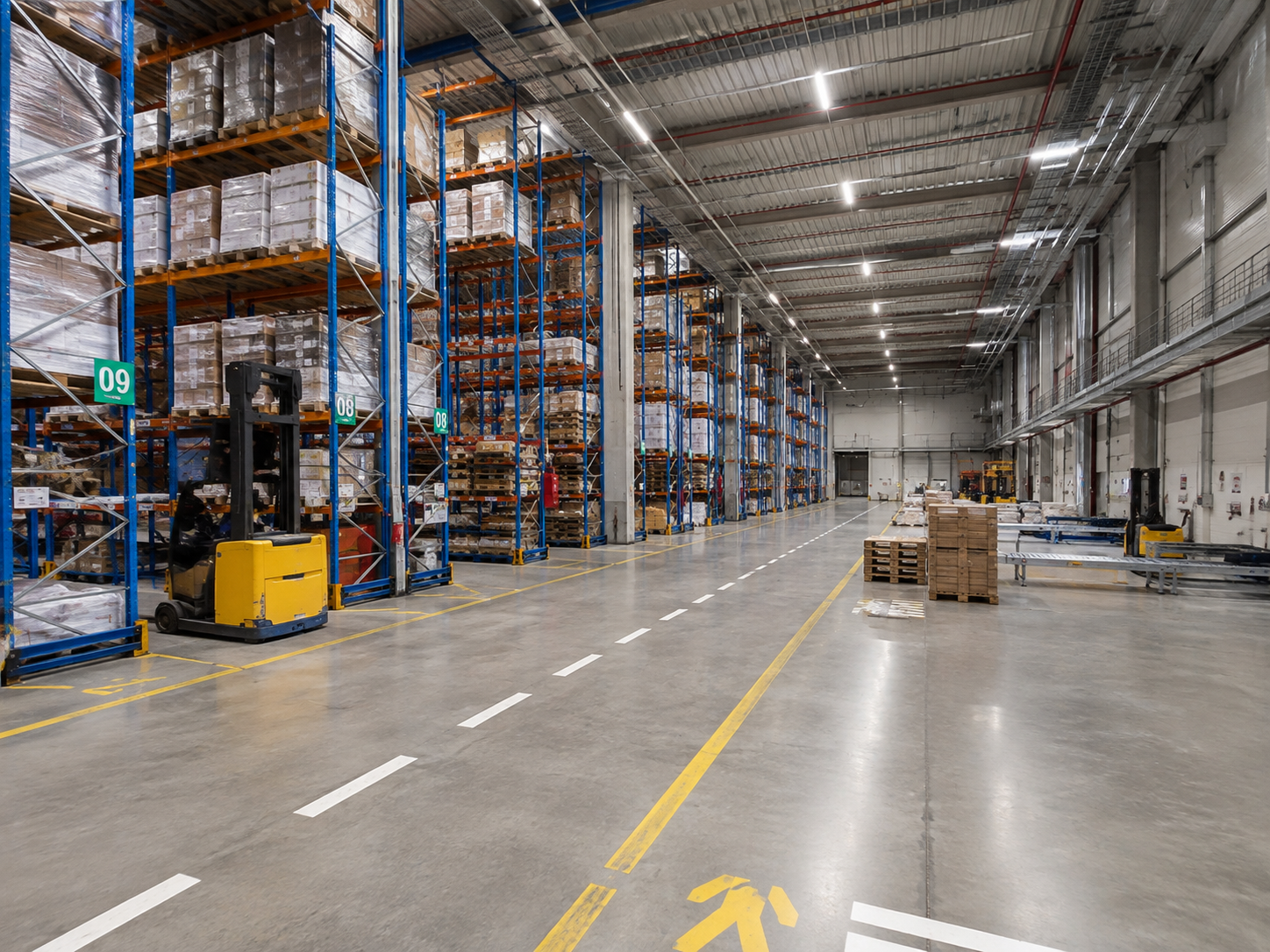 Galpão industrial bem iluminado com luminárias LED, porta-paletes, empilhadeira e corredores de armazenamento
