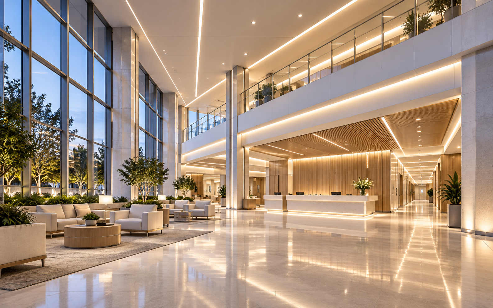 Átrio de hospital com projeto de iluminação profissional