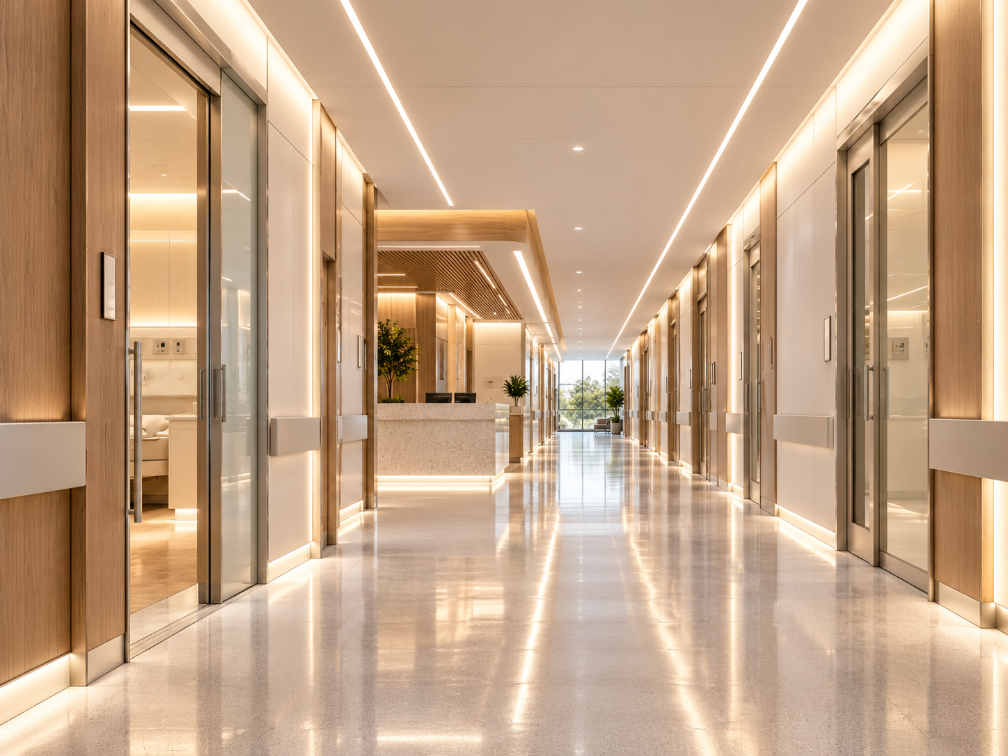 Corredor hospitalar com iluminação profissional