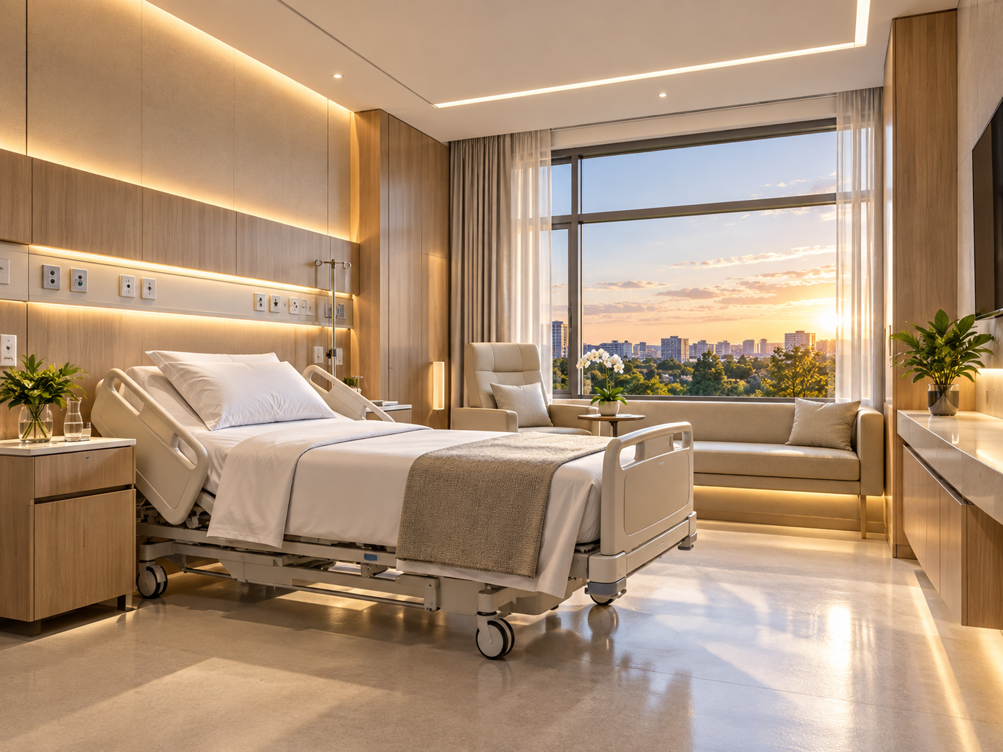 Quarto de internação hospitalar com iluminação LED