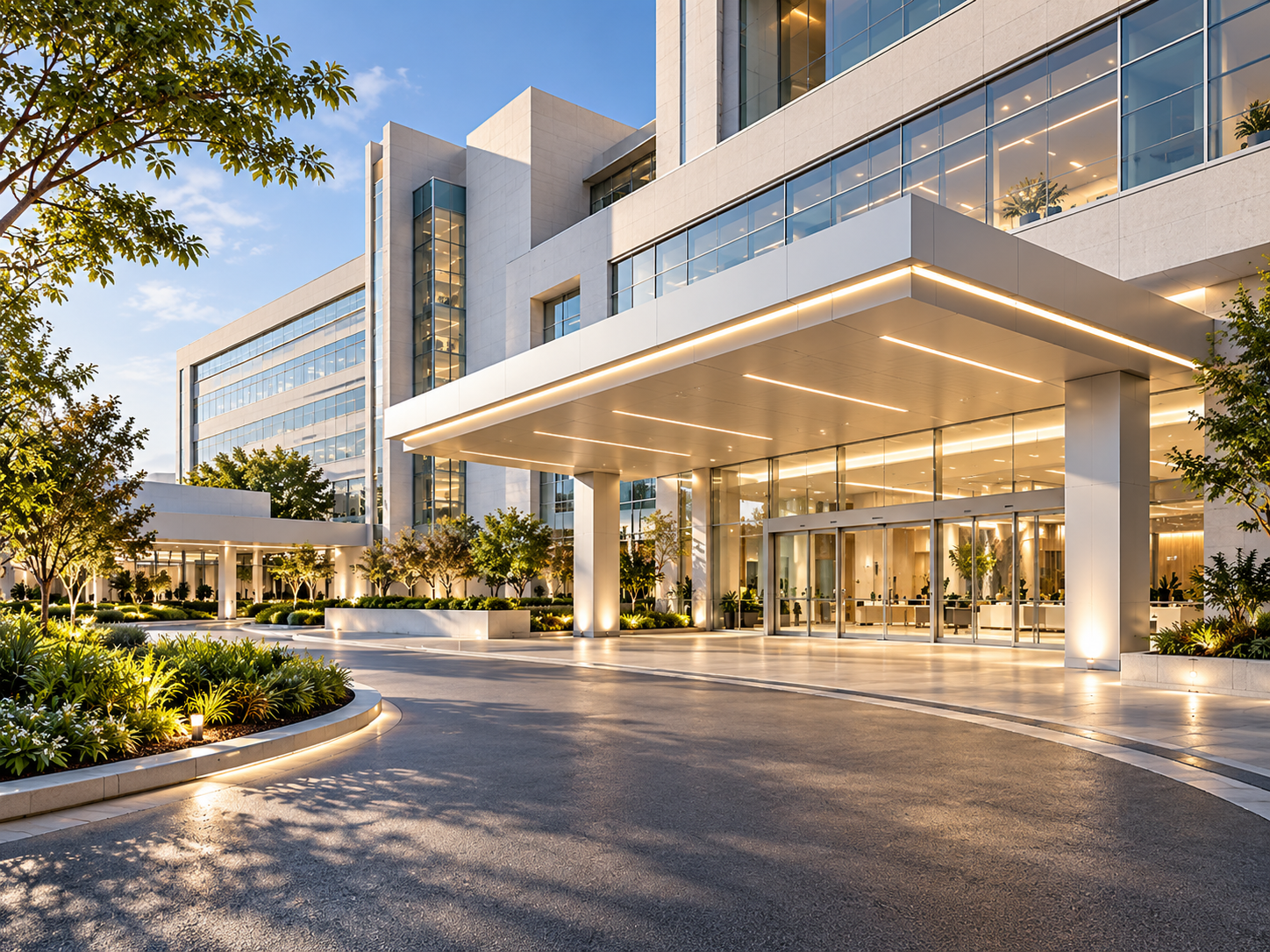 Área externa de hospital com iluminação profissional