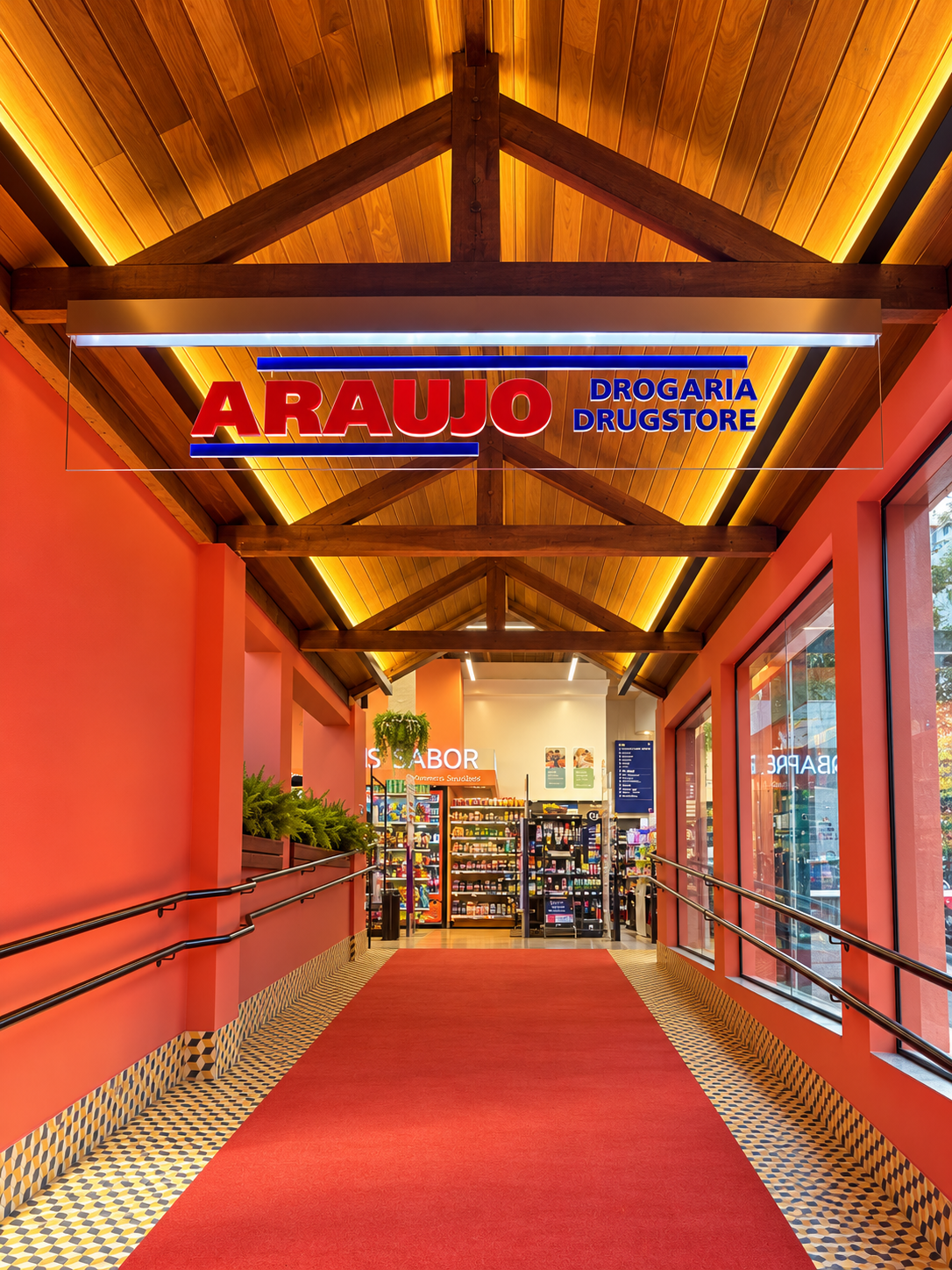 Acesso à Drogaria Araujo com iluminação arquitetônica